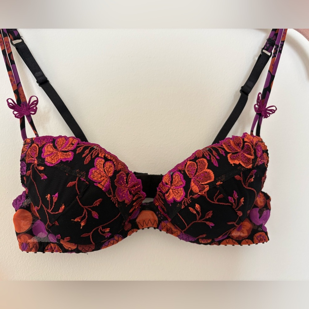 Aubade Black Bra with Orange & Purple Floral Embroidery